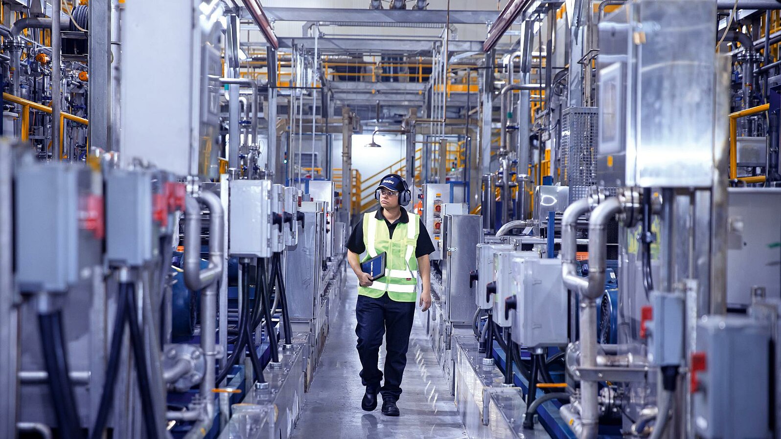 Female Leadec employee with tablet walking on shopfloor of Food & Beverage factory.